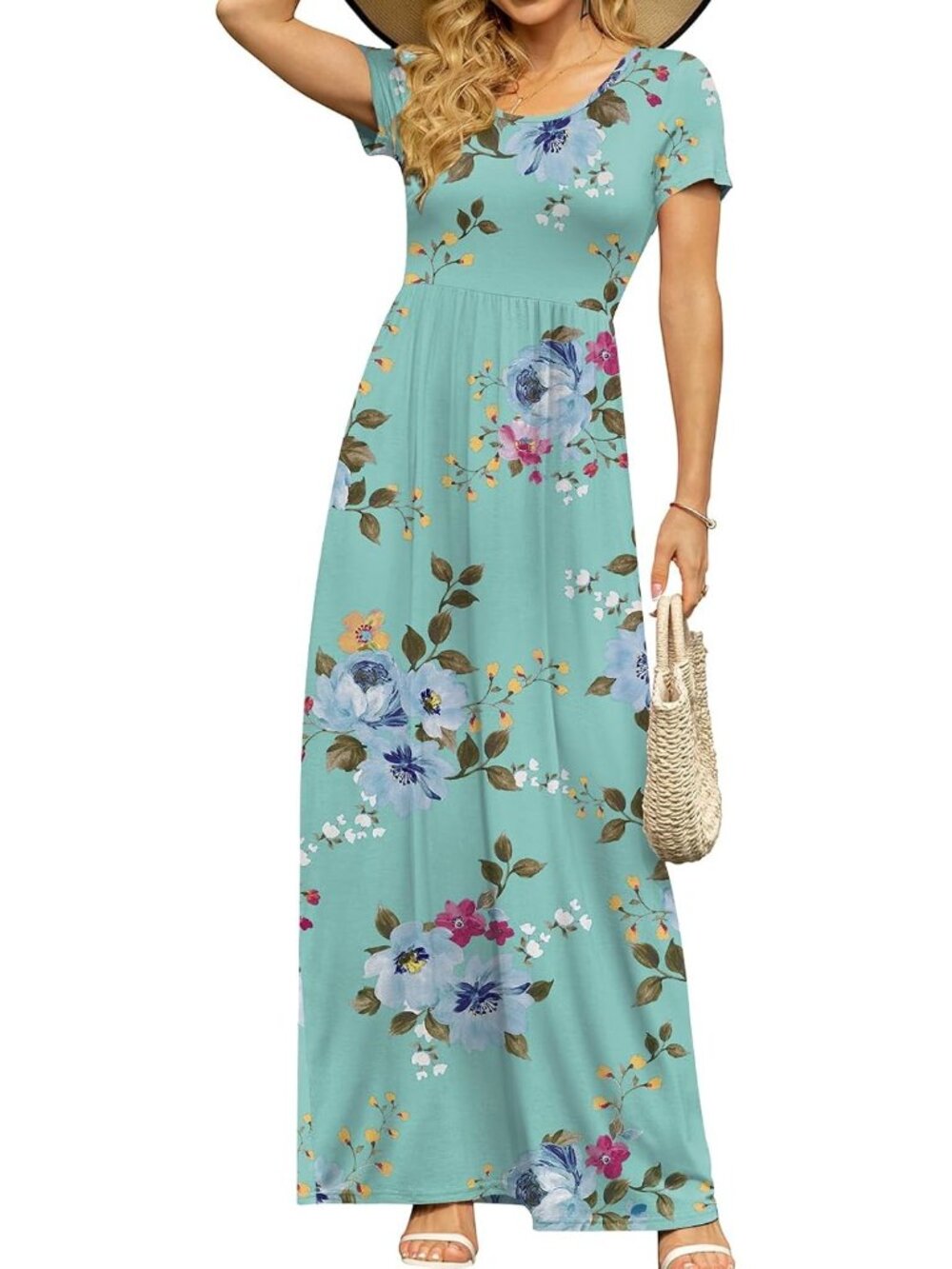 〽️Women's Mint Green Floral Maxi Dress Short Sleeve Empire Waist Pockets Long